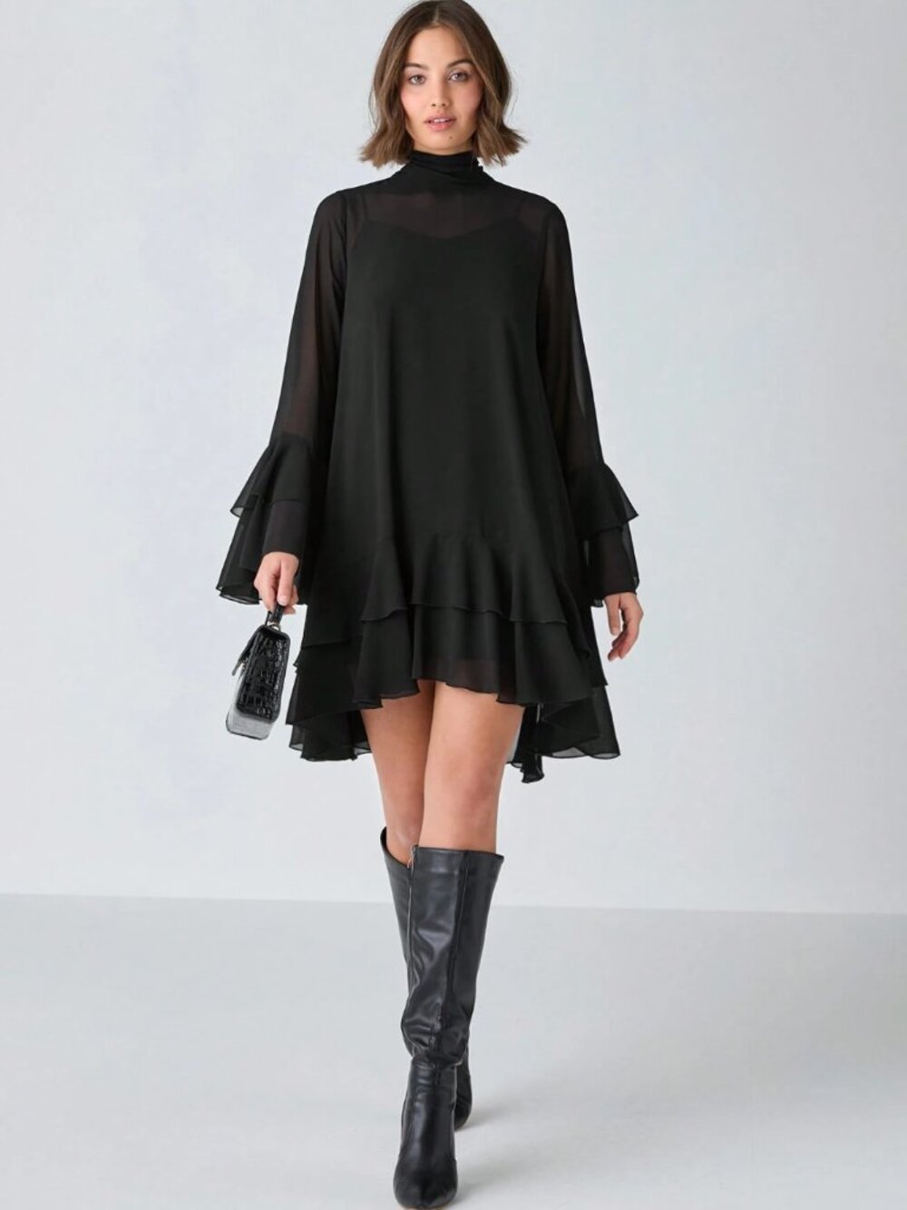 Black Chiffon Tiered Ruffle Mini Dress | High Neck Back-Tie | Bell Sleeve Shift